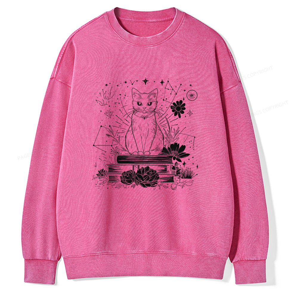 Pagewings Black Cat Book Lover Unisex Washed Sweatshirt