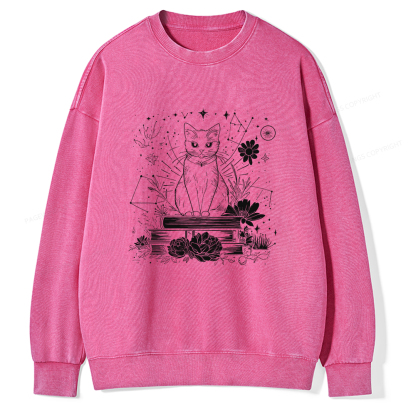 Pagewings Black Cat Book Lover Unisex Washed Sweatshirt