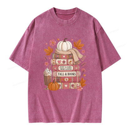 Pagewings Just A Girl Who Loves Fall&Books Unisex Washed T-shirt