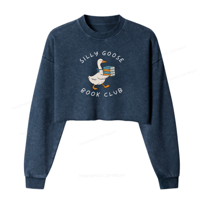Pagewings Silly Goose Book Club Women Washed Crop Sweatshirt