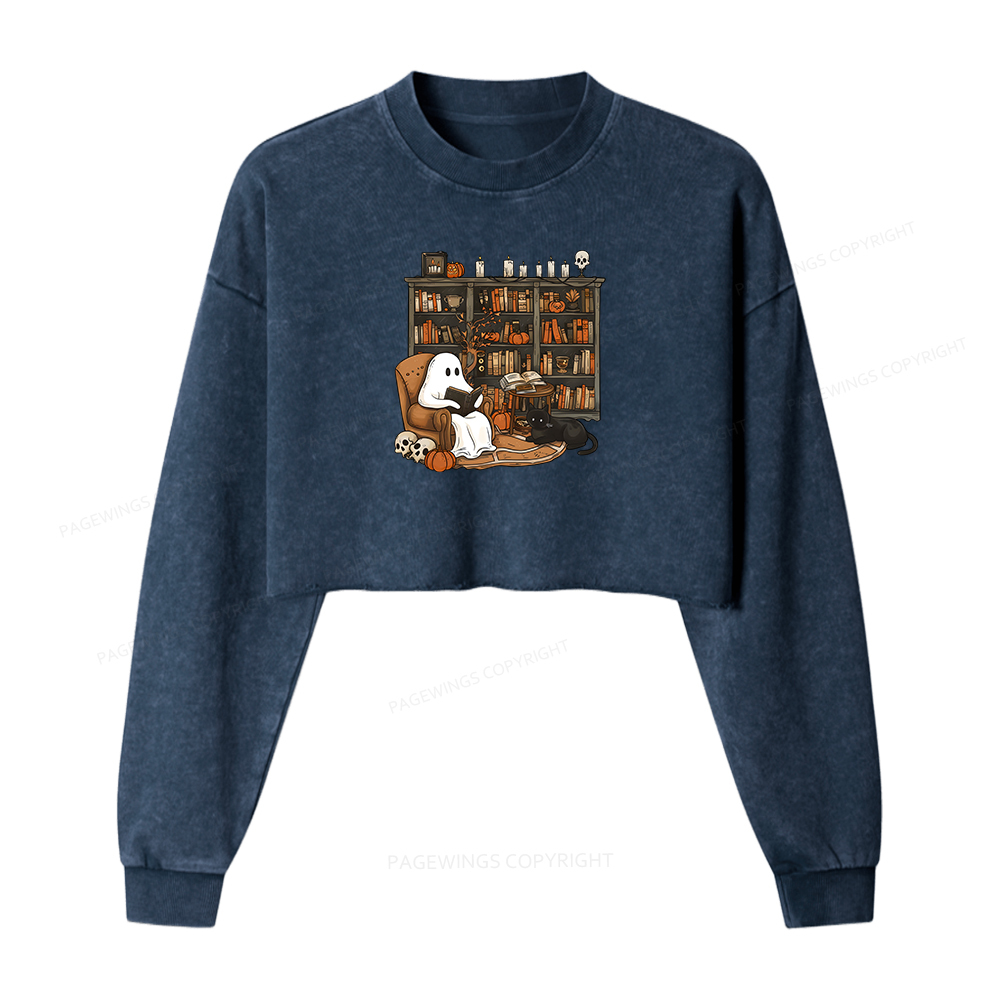 Pagewings Halloween Ghost Reading Books Women Washed Crop Sweatshirt