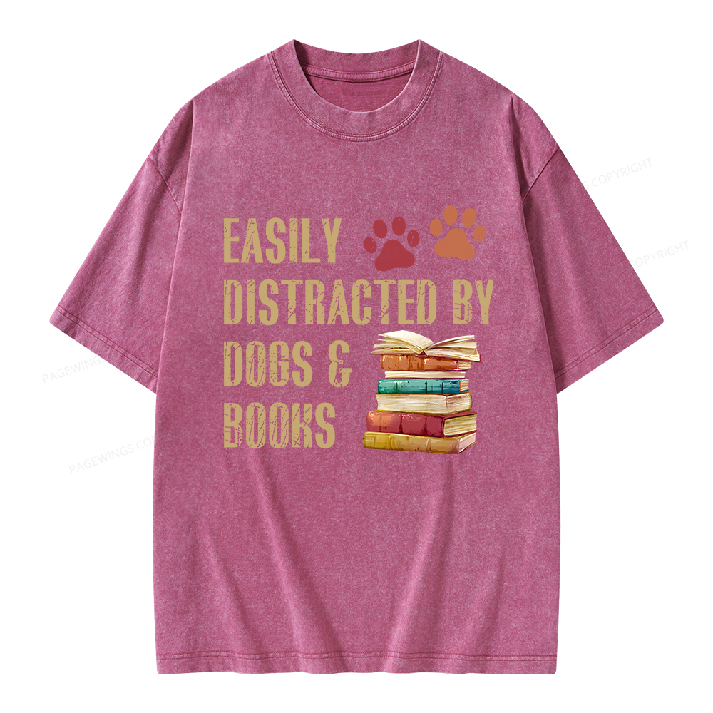 Pagewing Easily Distracted By Dogs And Books Unisex Washed T-shirt