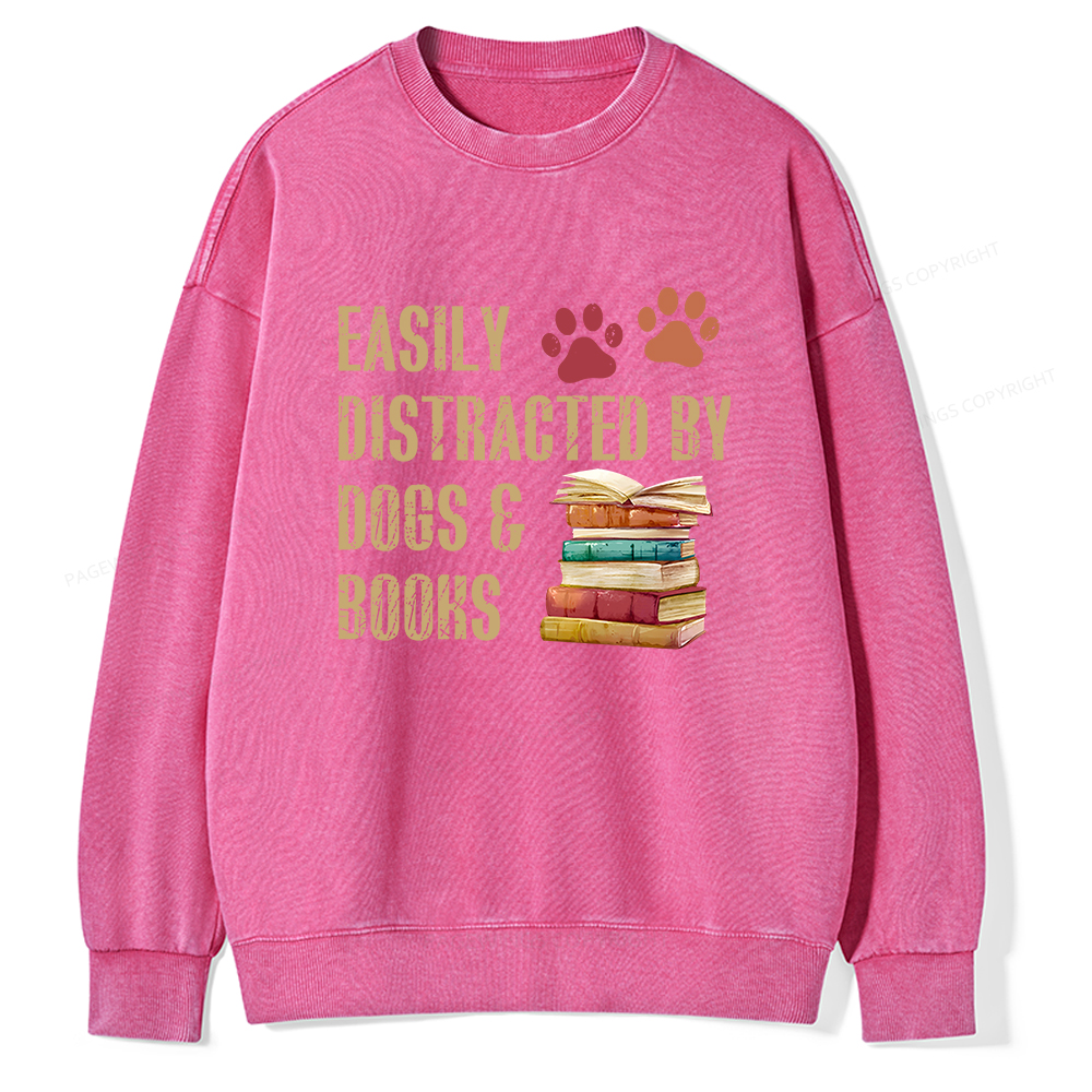 Pagewing Easily Distracted By Dogs And Books Unisex Washed Sweatshirt
