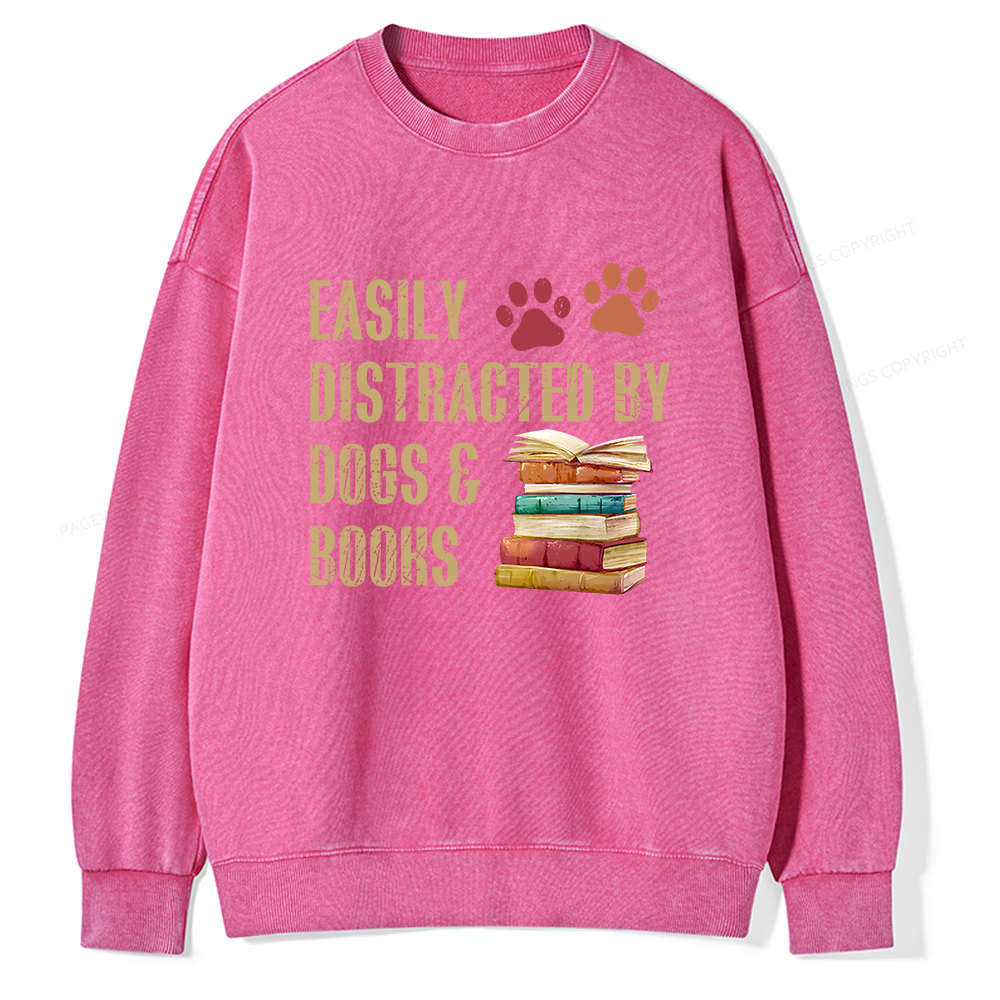 Pagewing Easily Distracted By Dogs And Books Unisex Washed Sweatshirt