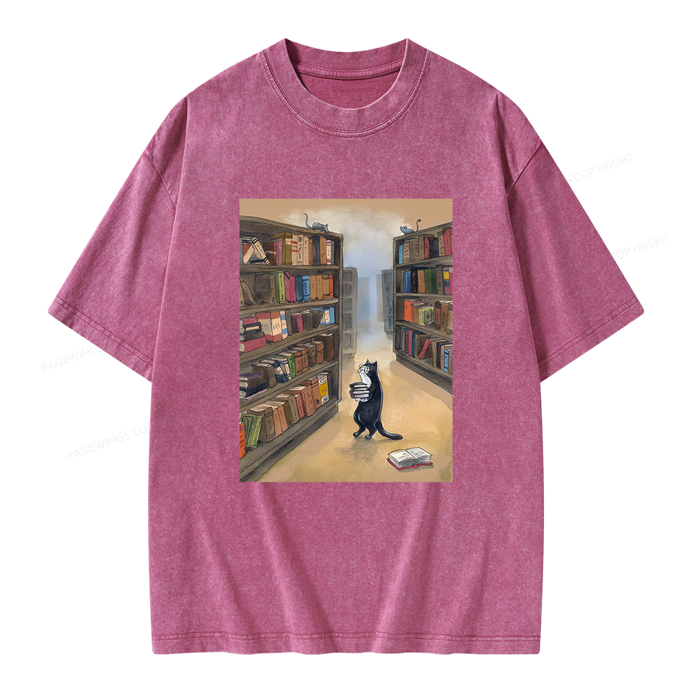Pagewings Cat Lost In The Library Unisex Washed T-shirt
