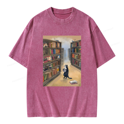 Pagewings Cat Lost In The Library Unisex Washed T-shirt