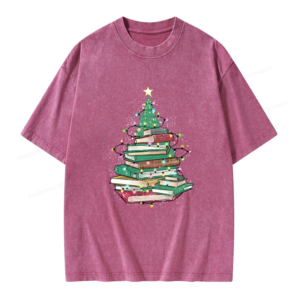 Pagewings Christmas Book Tree Unisex Washed T-shirt