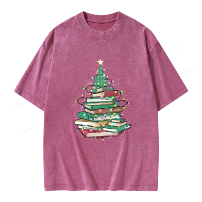 Pagewings Christmas Book Tree Unisex Washed T-shirt