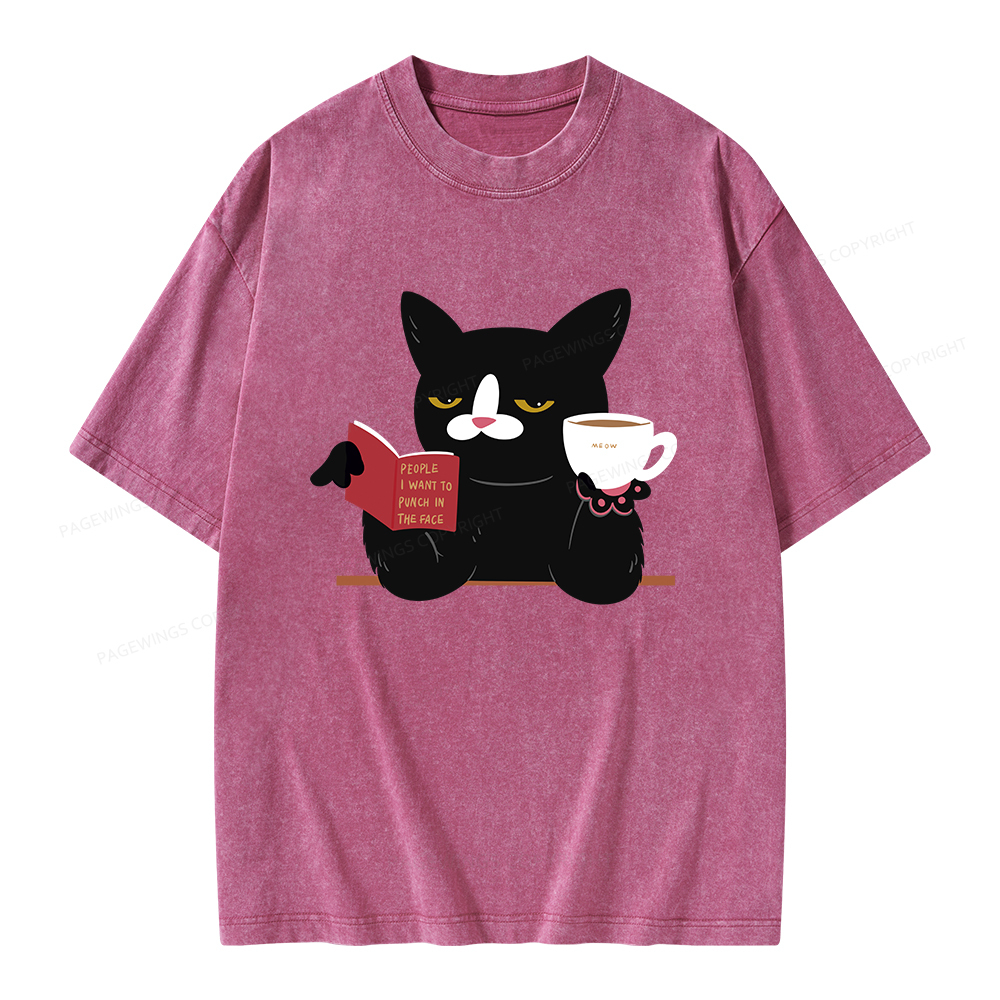 Pagewings A Cat Reading A Book While Drinking Coffee Unisex Washed T-shirt