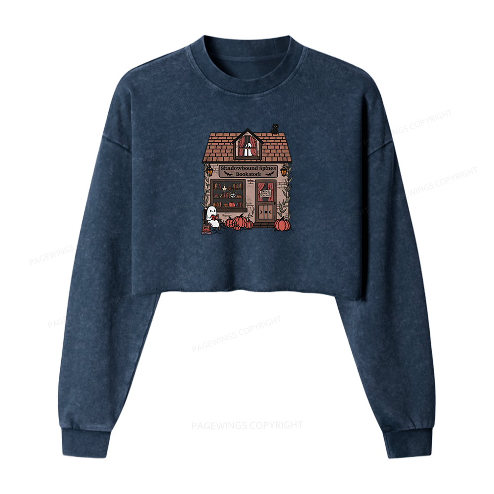 Pagewings Shadowbound Spines Bookstore Women Washed Crop Sweatshirt