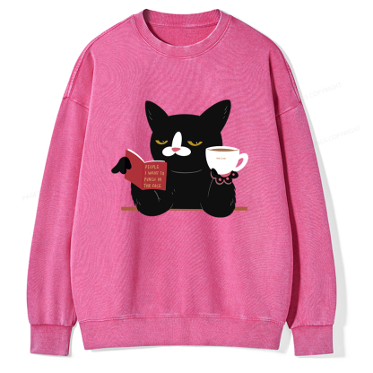 Pagewings A Cat Reading A Book While Drinking Coffee  Unisex Washed Sweatshirt
