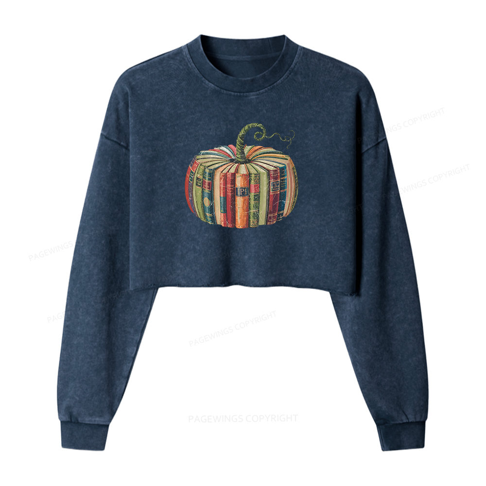 Pagewings Fall Book Pumpkin Women Washed Crop Sweatshirt