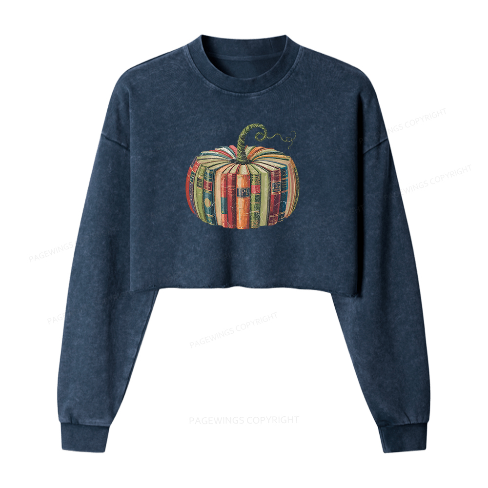 Pagewings Fall Book Pumpkin Women Washed Crop Sweatshirt