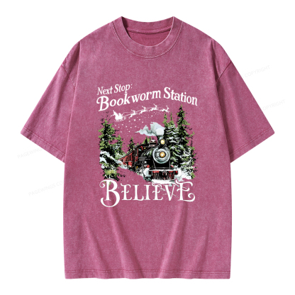 Pagewings Next Stop Bookworm Station Believe Unisex Washed T-shirt