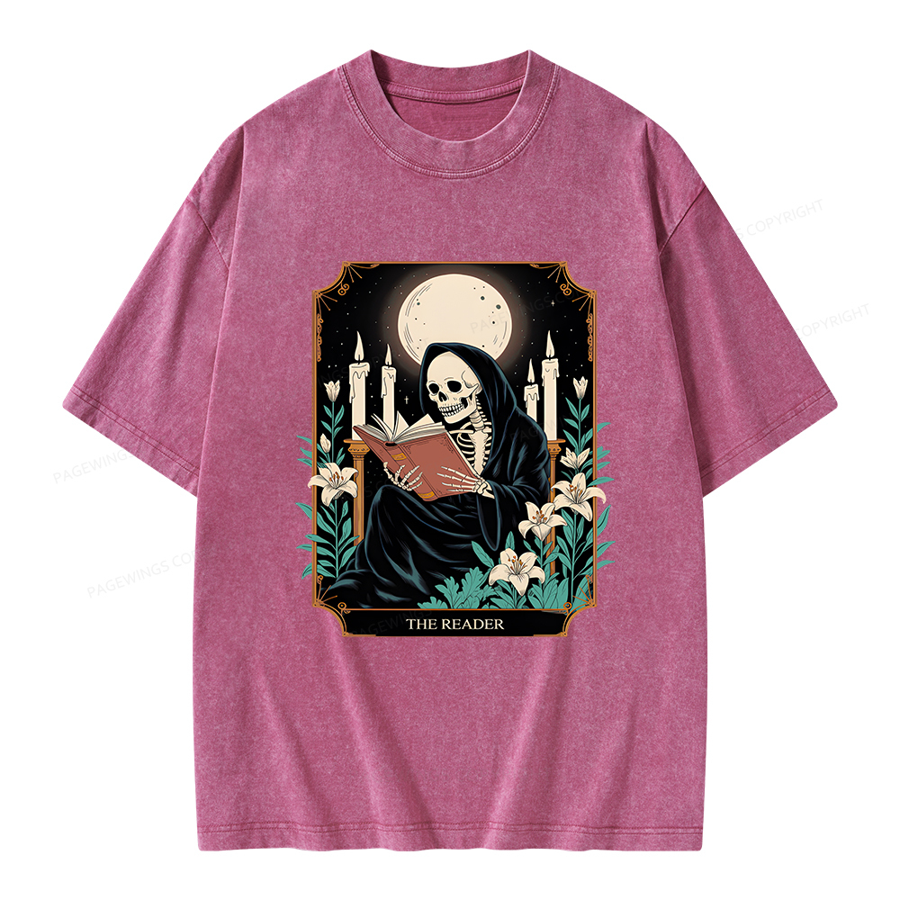 Pagewings The Reader Skeleton Tarot Card Unisex Washed T-shirt