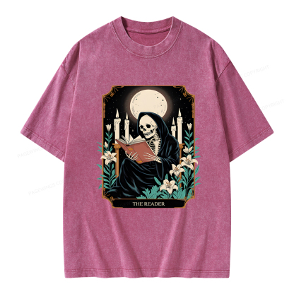 Pagewings The Reader Skeleton Tarot Card Unisex Washed T-shirt