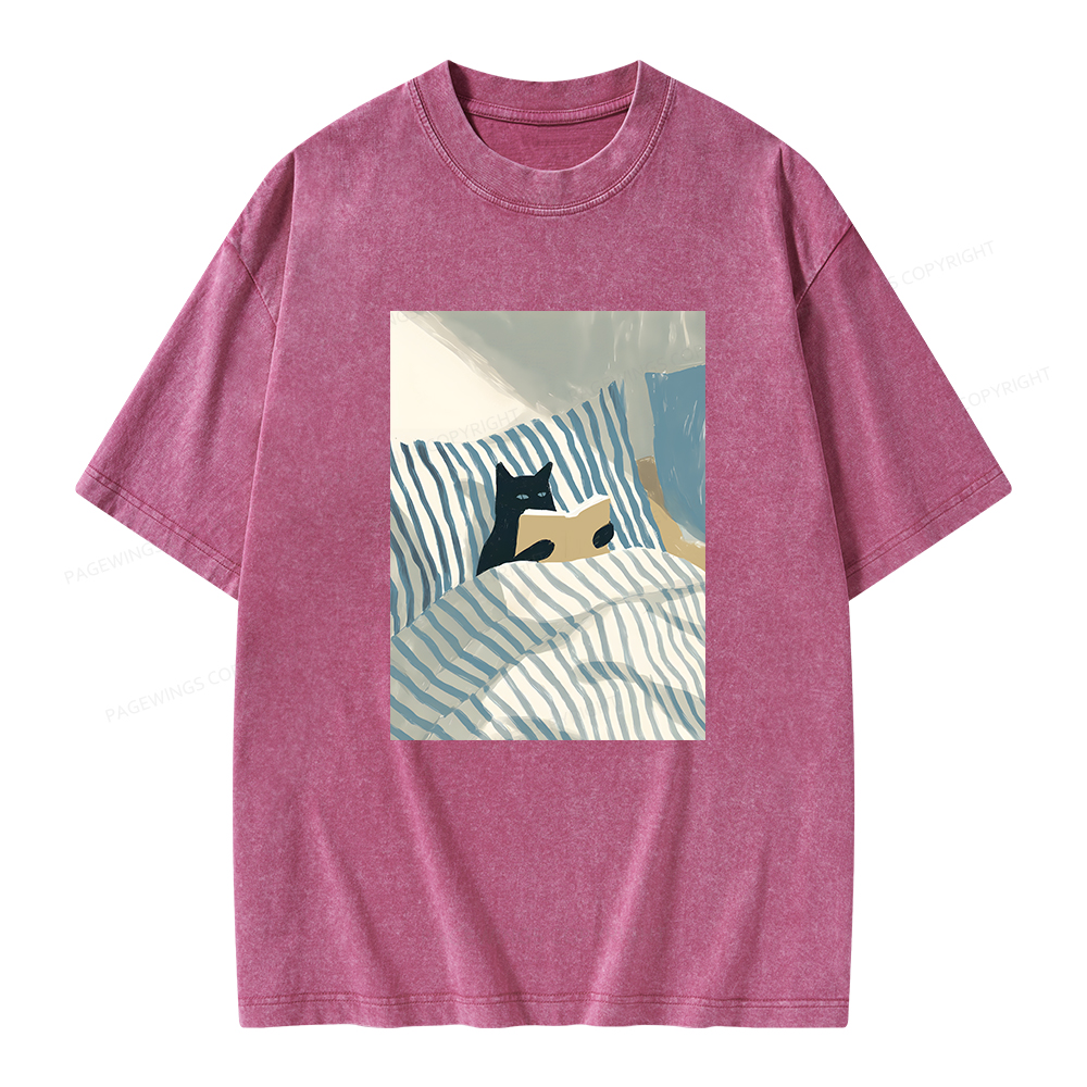 Pagewings Cat Reading Unisex Washed T-shirt