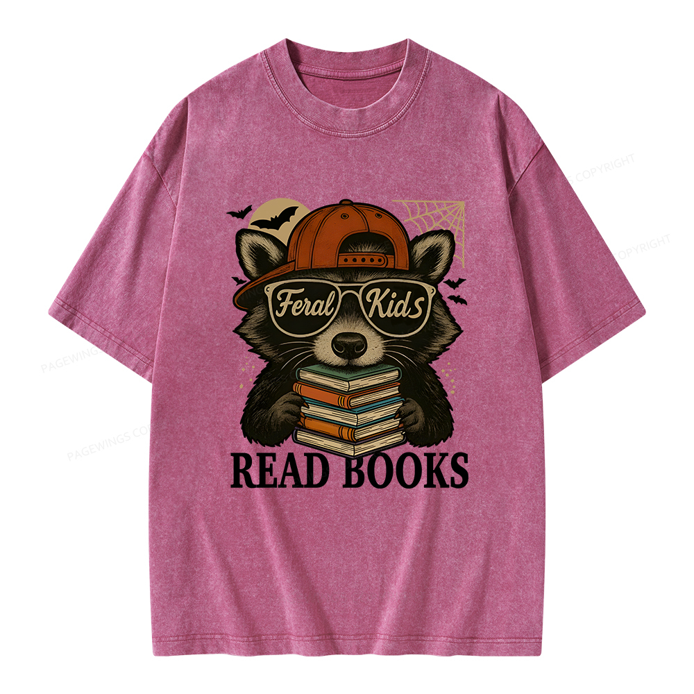 Pagewings Feral Kid Read Books Unisex Washed T-shirt
