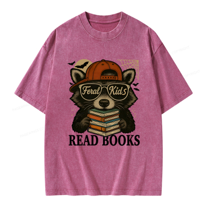 Pagewings Feral Kid Read Books Unisex Washed T-shirt
