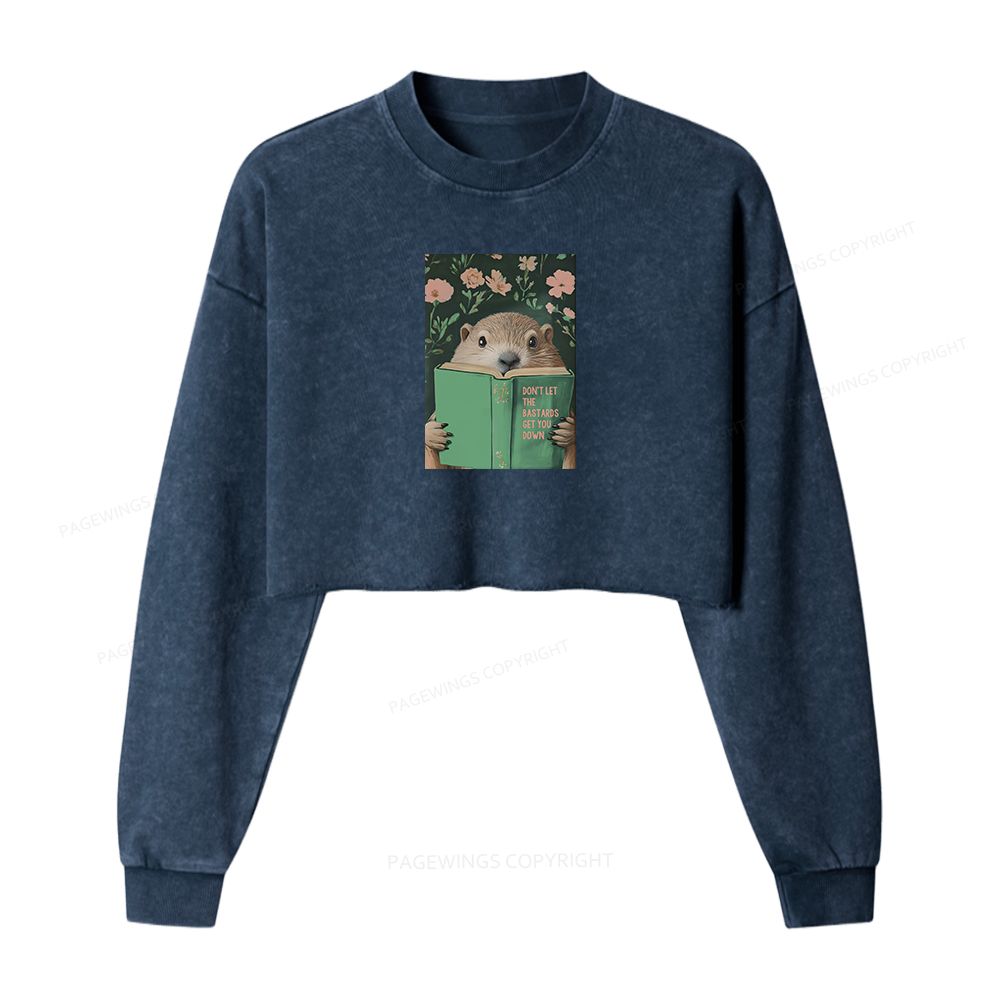 Pagewings Groundhog Reading Motivational Book Women Washed Crop Sweatshirt