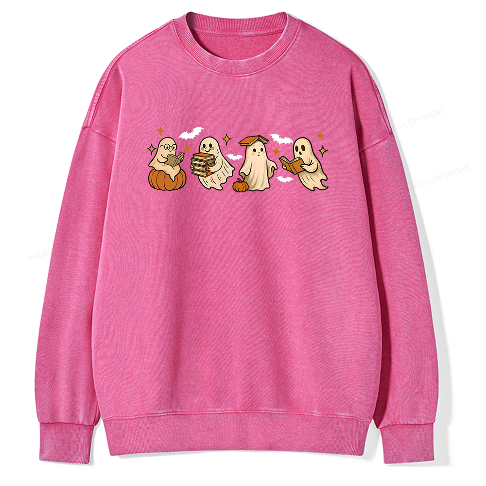 Pagewings Cute Ghost Reading Book Halloween Unisex Washed Sweatshirt