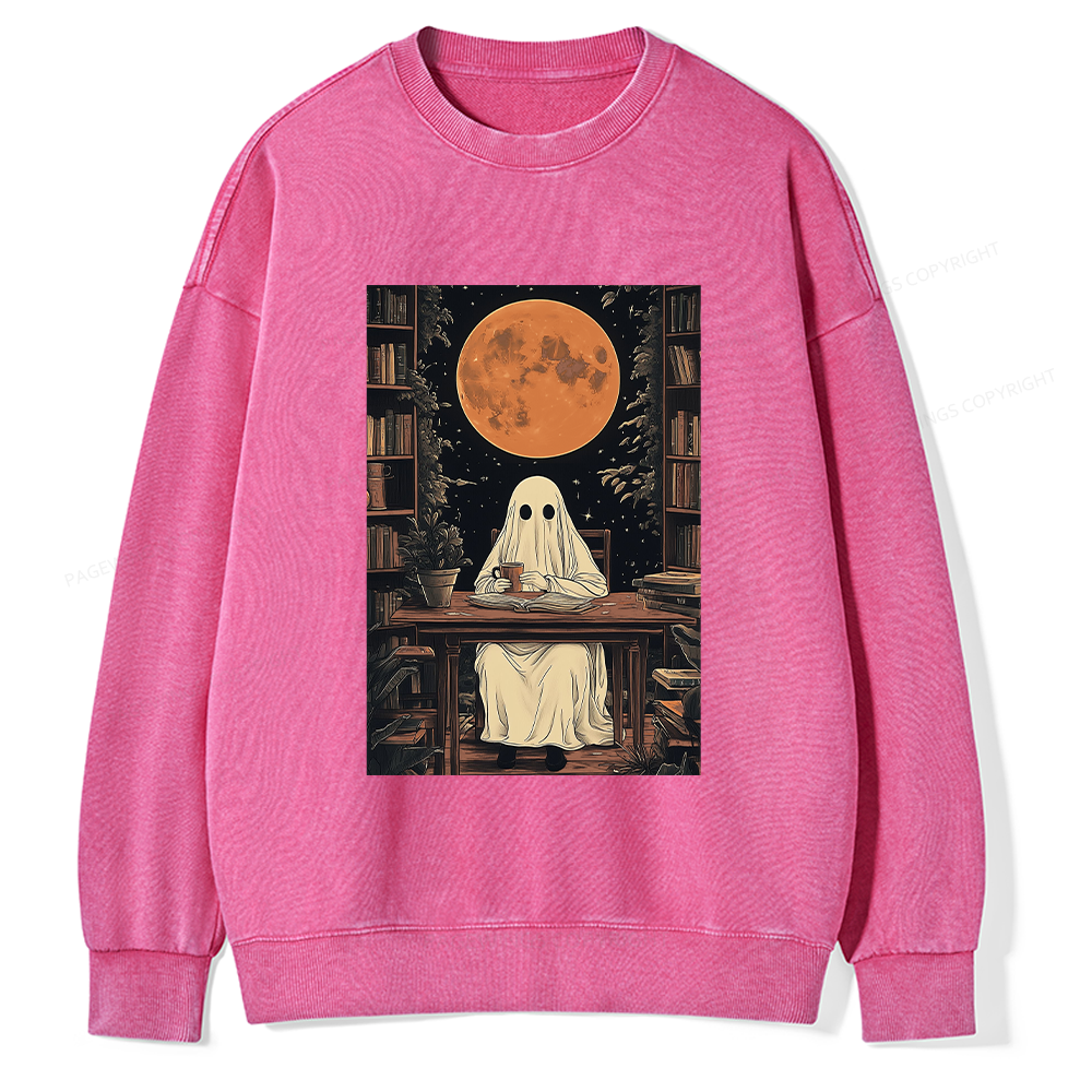 Pagewings Halloween Ghost Books Coffee Unisex Washed Sweatshirt