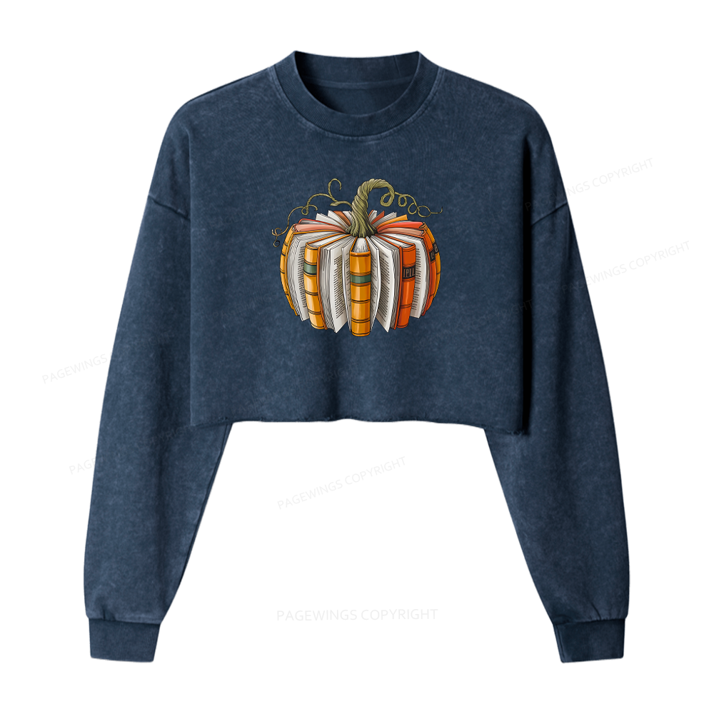 Pagewings Fall Book Pumpkin Women Washed Crop Sweatshirt