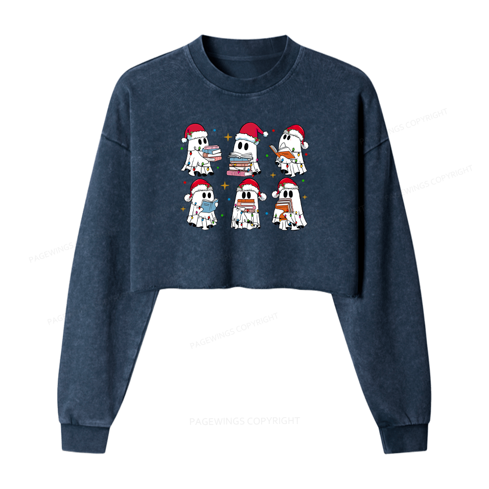 Pagewings Christmas Book Ghost Women Washed Crop Sweatshirt