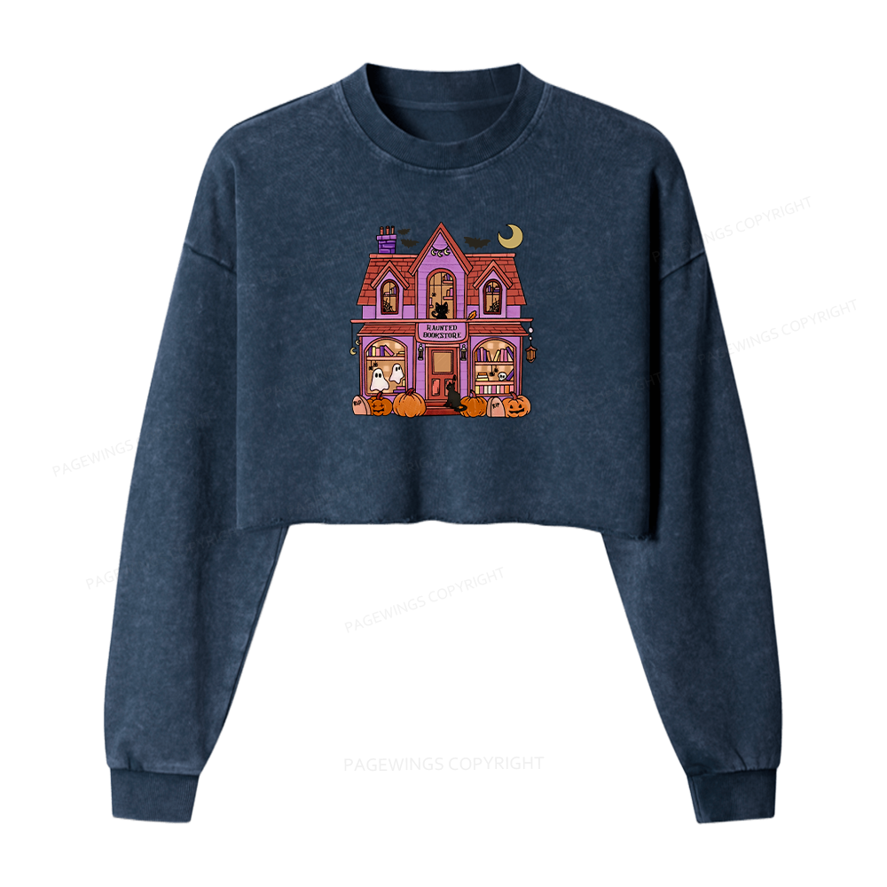 Pagewings Haunted Bookstore Women Washed Crop Sweatshirt