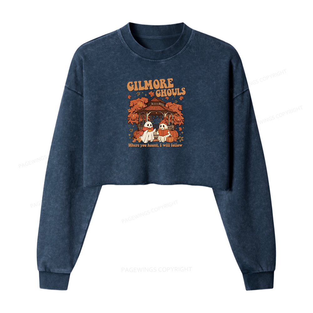 Pagewings Gilmore Ghouls Women Washed Crop Sweatshirt
