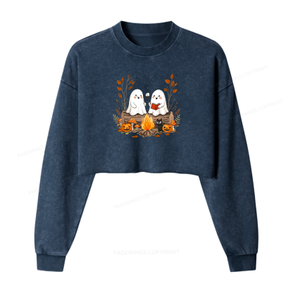 Pagewings Cute Ghost Halloween Women Washed Crop Sweatshirt