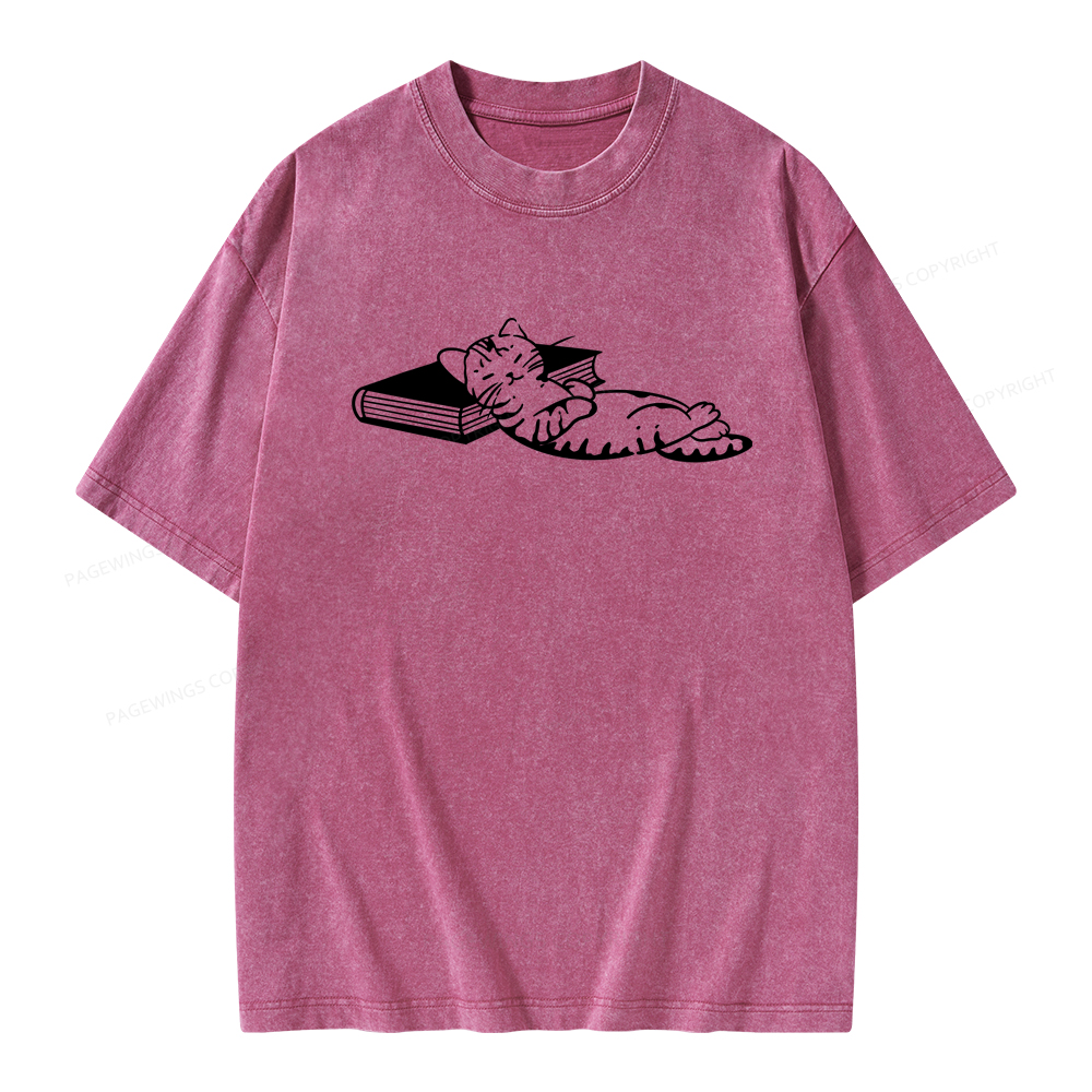 Pagewings A Cat Sleeping On The Book Unisex Washed T-shirt