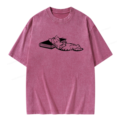 Pagewings A Cat Sleeping On The Book Unisex Washed T-shirt