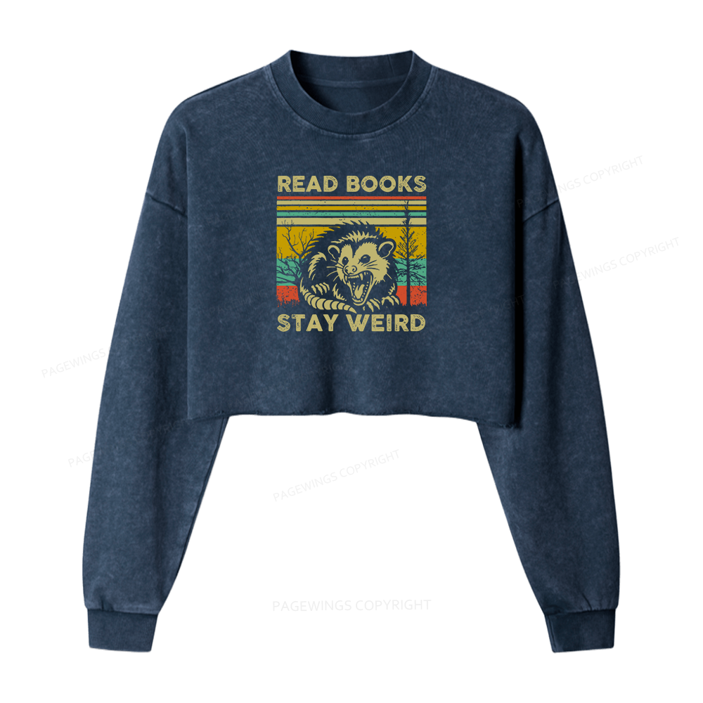 Pagewings Read Books Stay Weird Women Washed Crop Sweatshirt