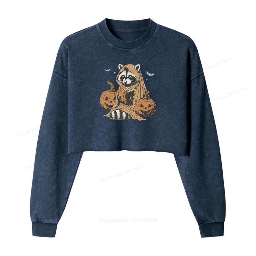Pagewings Halloween Cute Raccoon Ghost Reading Women Washed Crop Sweatshirt