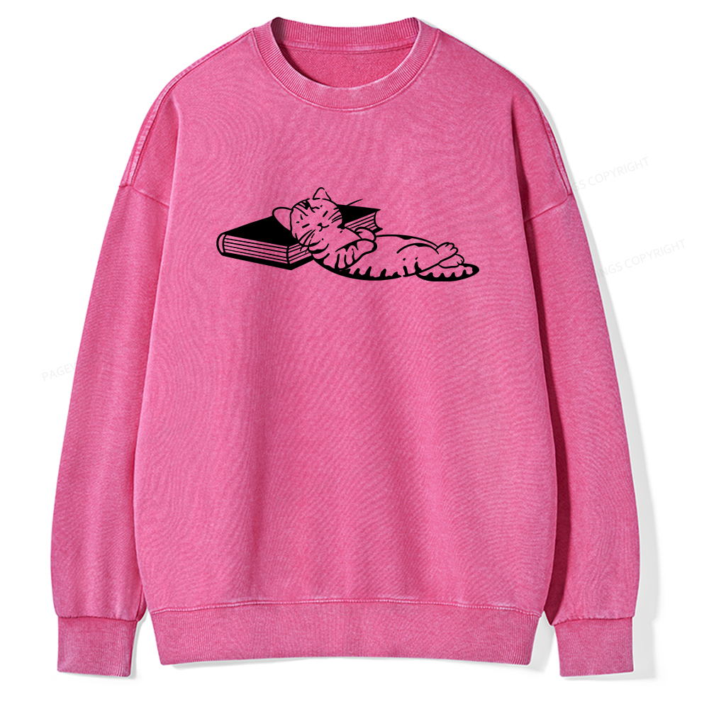 Pagewings A Cat Sleeping On The Book Unisex Washed Sweatshirt