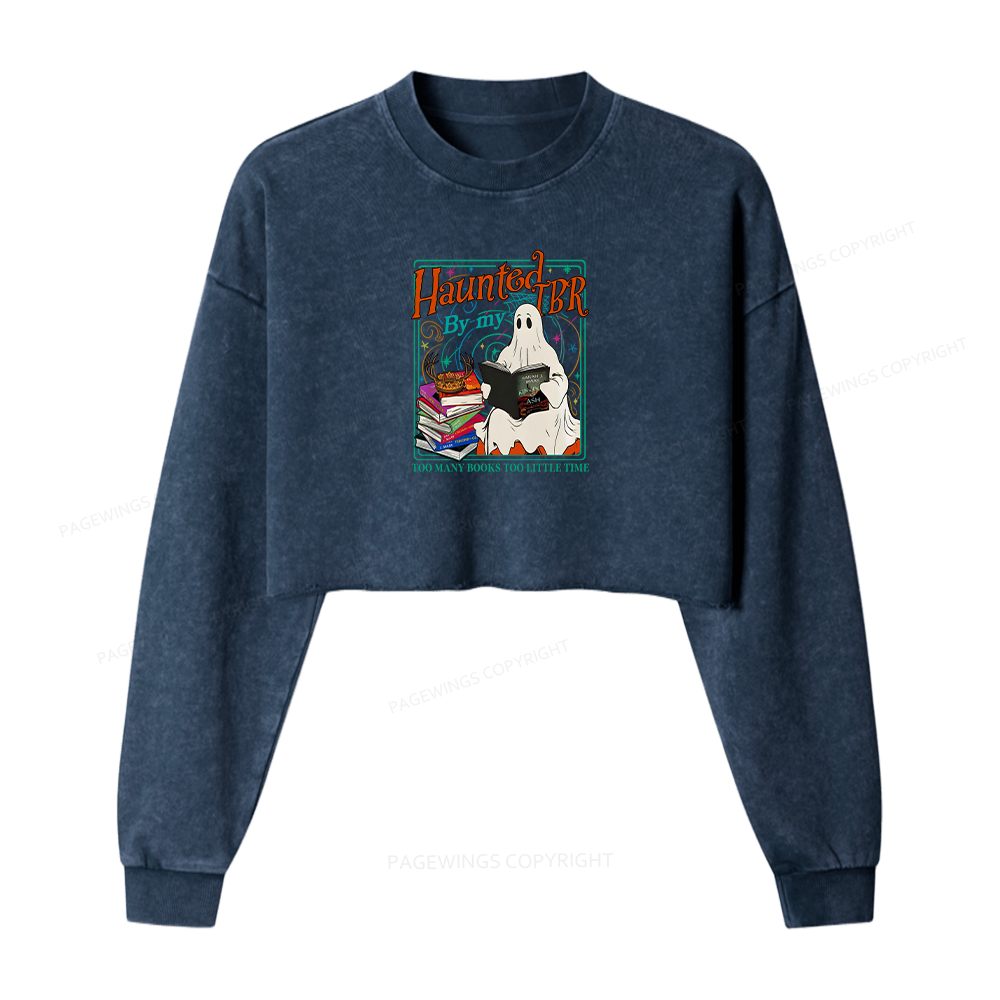 Pagewings Haunted By My TBR Women Washed Crop Sweatshirt
