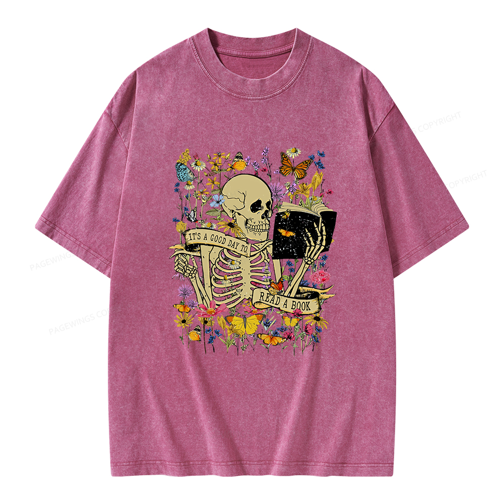 Pagewings Skull Skeleton Reading Book Unisex Washed T-shirt