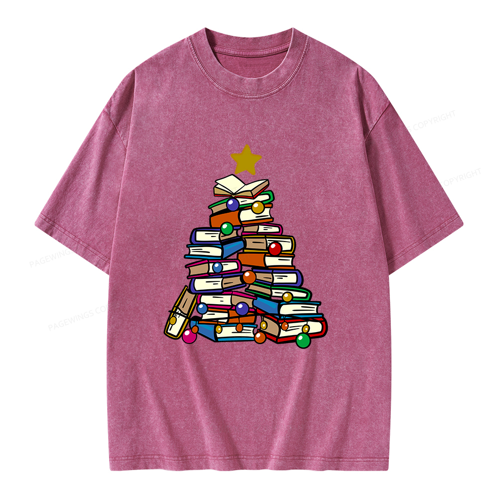 Pagewings Christmas Tree Bookworm Unisex Washed T-shirt