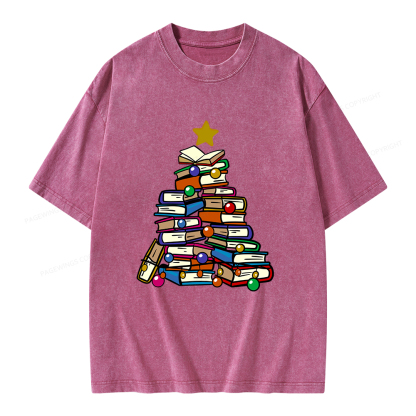 Pagewings Christmas Tree Bookworm Unisex Washed T-shirt