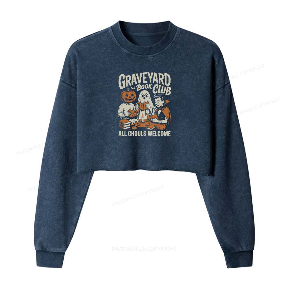 Pagewings Graveyard Book Club Women Washed Crop Sweatshirt