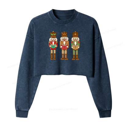 Pagewings Christmas Nutcracker Reading Books Women Washed Crop Sweatshirt