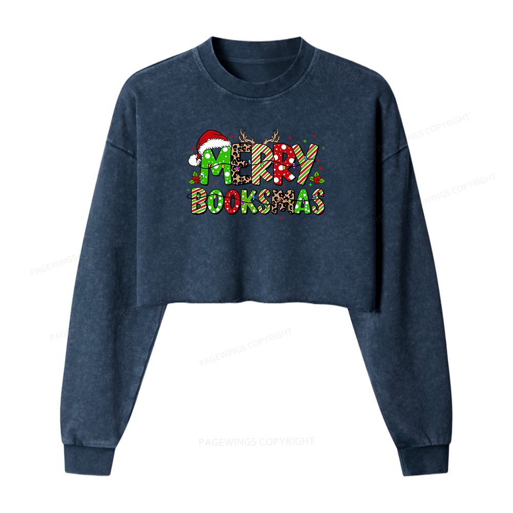 Pagewings Merry Booksmas Women Washed Crop Sweatshirt