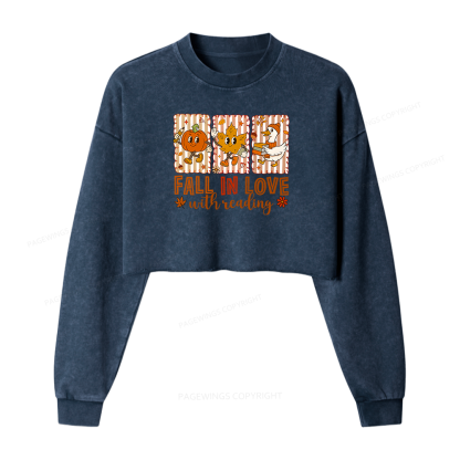Pagewings Fall In Love With Reading Women Washed Crop Sweatshirt