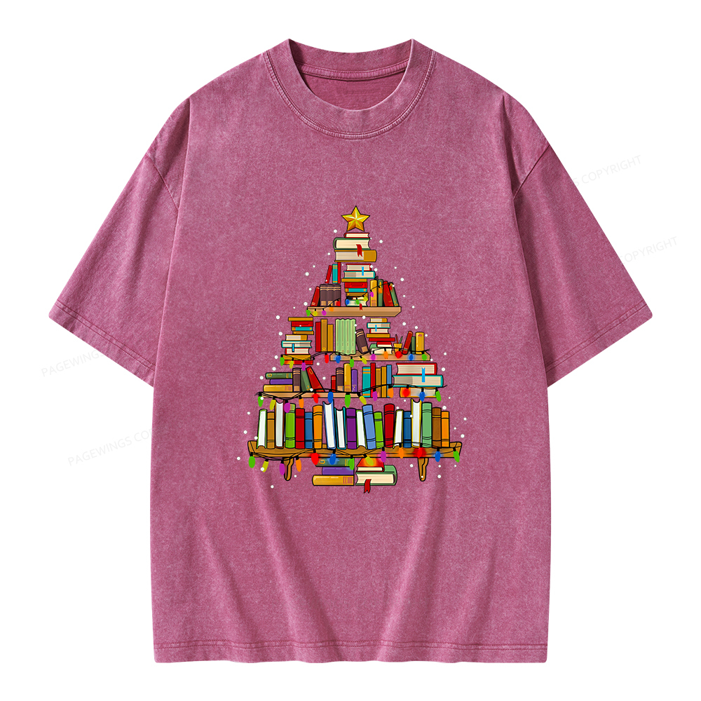 Pagewings Christmas Books Tree Unisex Washed T-shirt