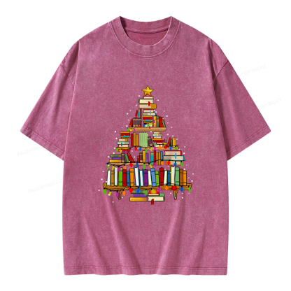 Pagewings Christmas Books Tree Unisex Washed T-shirt