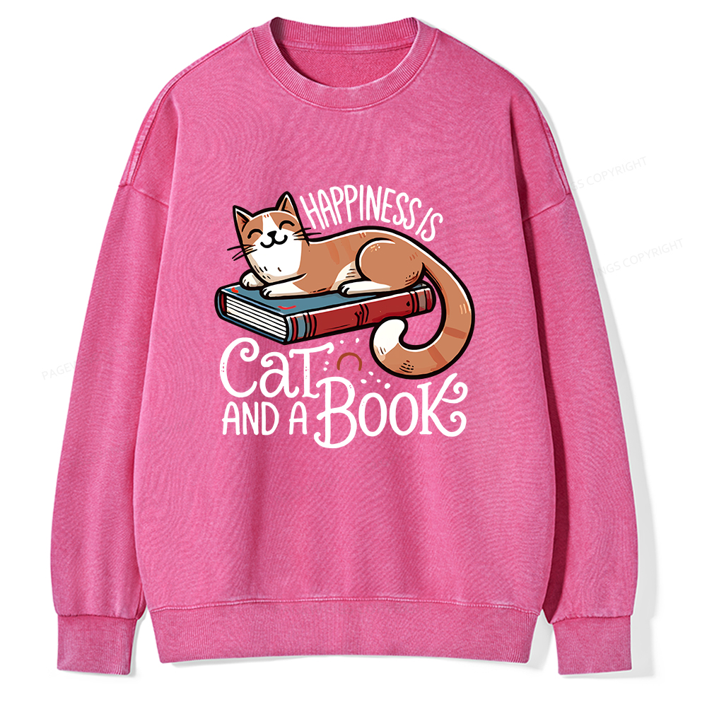Pagewings Happiness Is A Cat And A Book Unisex Washed Sweatshirt