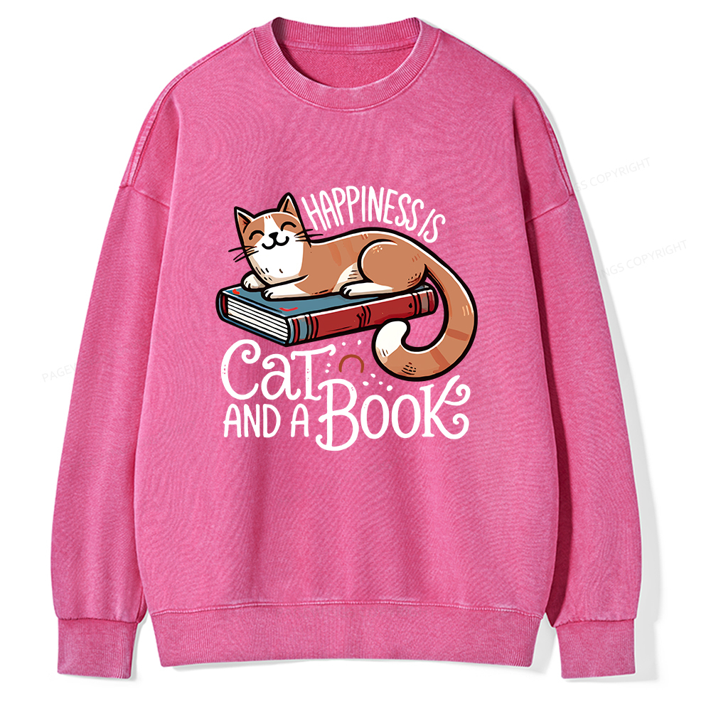 Pagewings Happiness Is A Cat And A Book Unisex Washed Sweatshirt