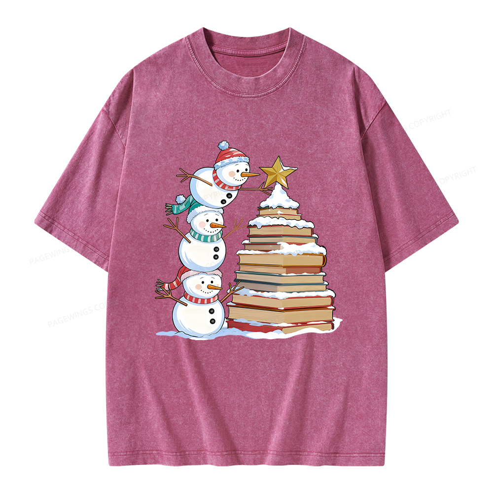 Pagewings Christmas Snowman Books Tree Unisex Washed T-shirt