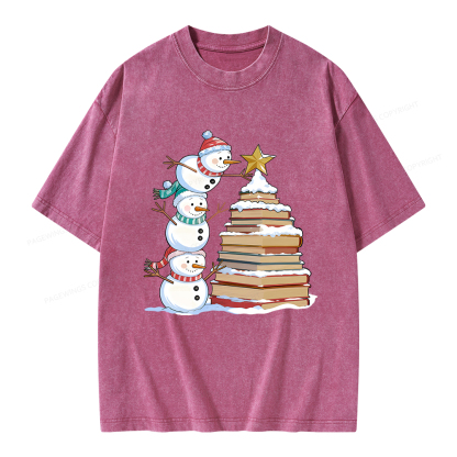Pagewings Christmas Snowman Books Tree Unisex Washed T-shirt